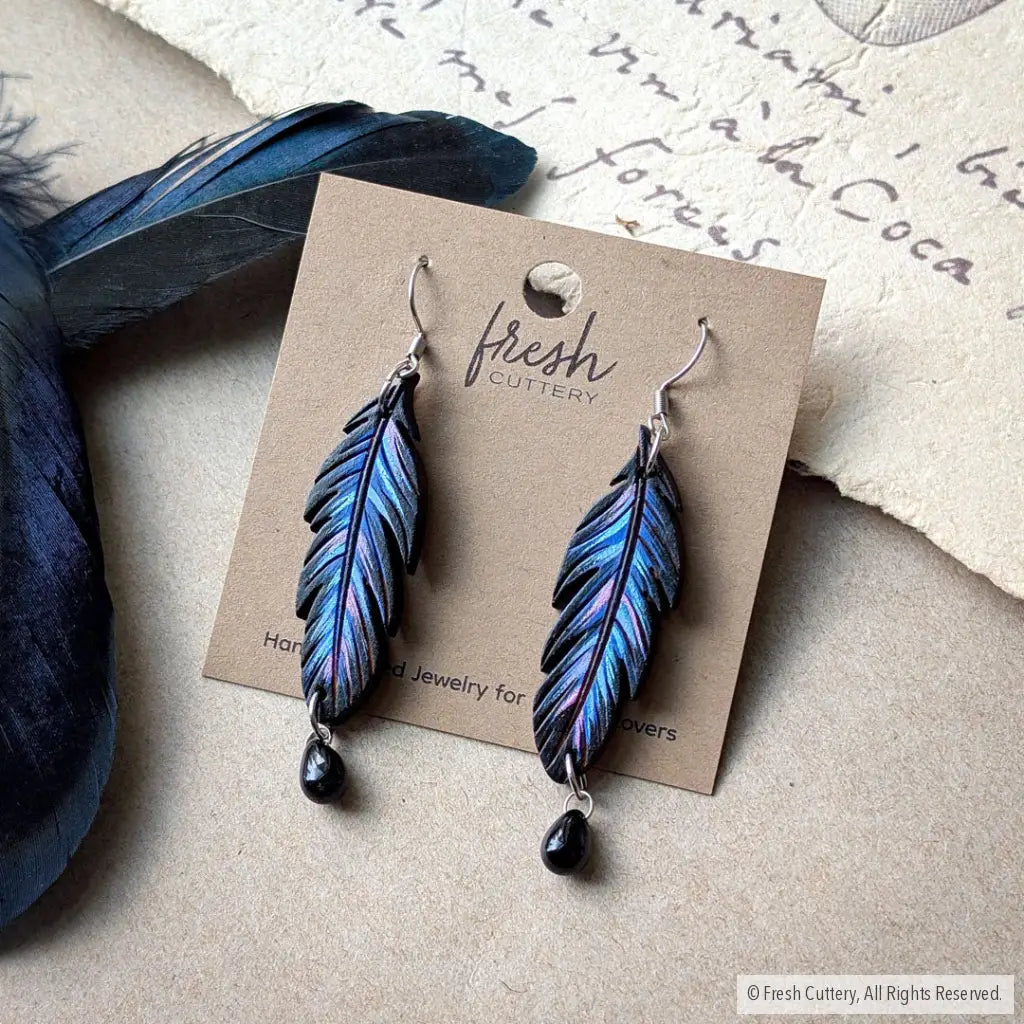 Raven Feather Earrings - Dangle and Drop Earrings