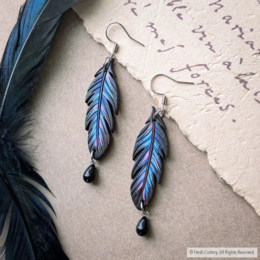 Raven Feather Earrings - Silver Ear WIres / With Bead - Dangle and Drop Earrings