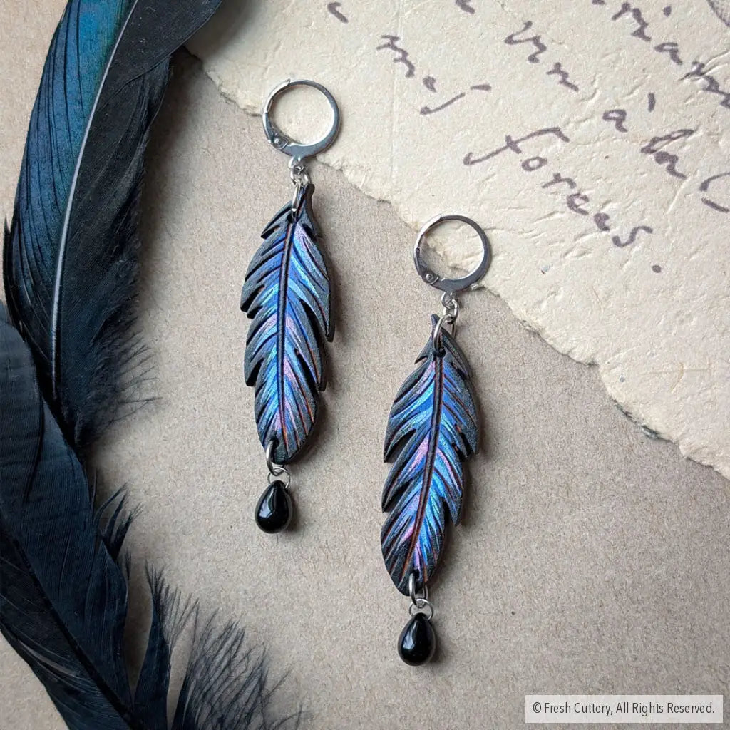Raven Feather Earrings - Silver Leverbacks / With Bead - Dangle and Drop Earrings