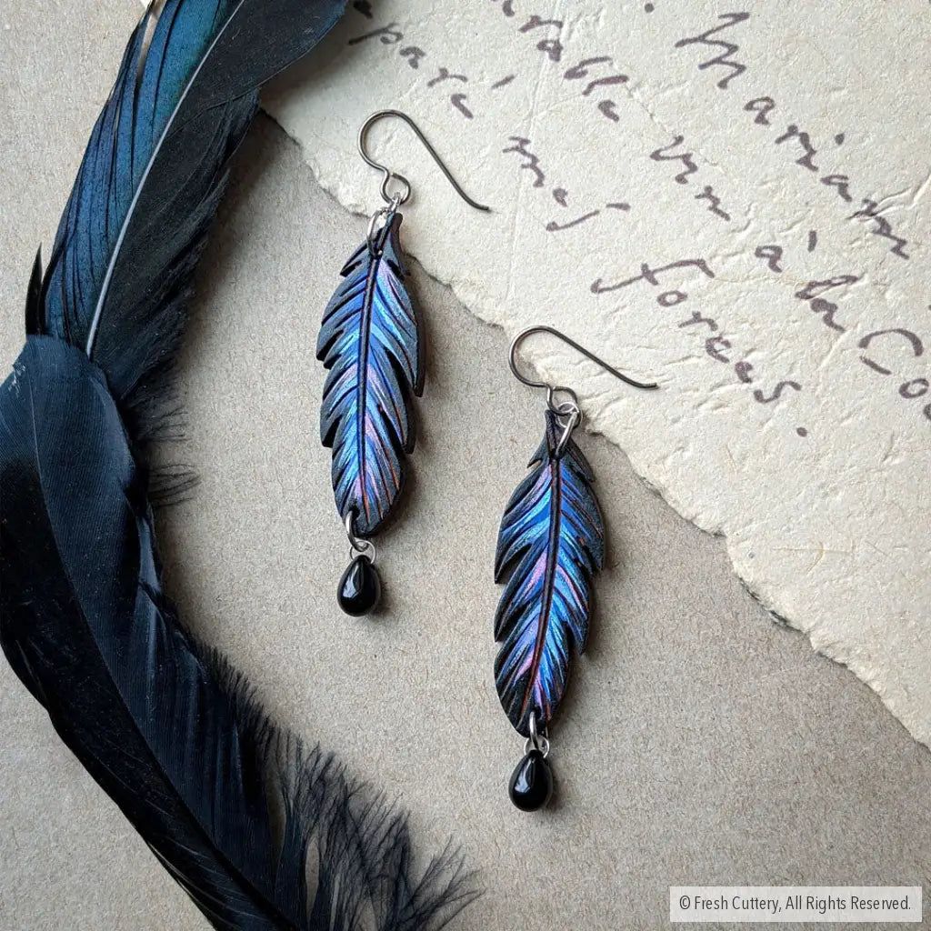 Raven Feather Earrings - Titanium Ear Wires / With Bead - Dangle and Drop Earrings