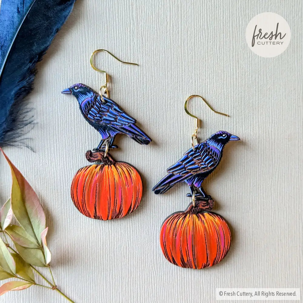 Raven Pumpkin Earrings Gold Ear Wires Dangle And Drop