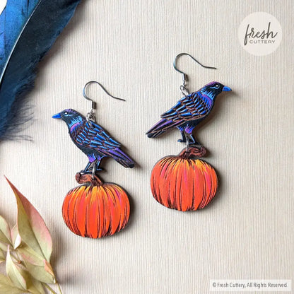 Raven Pumpkin Earrings Silver Ear Wires Dangle And Drop