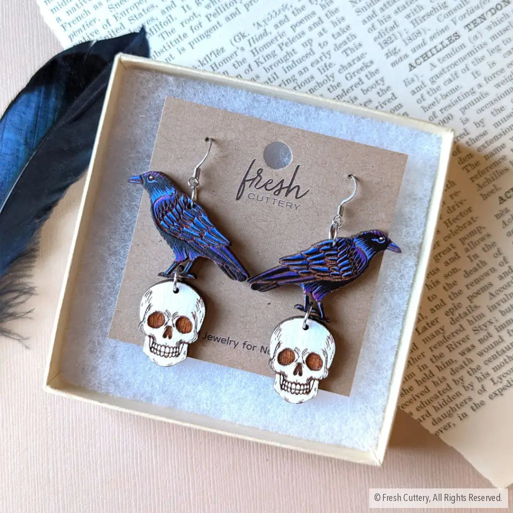 Raven Skull Earrings Dangle And Drop