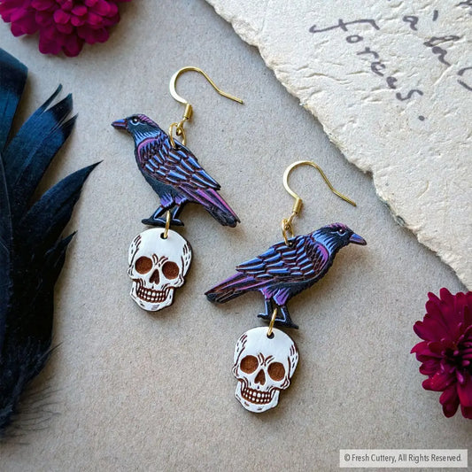 Raven Skull Earrings - Gold Ear Wires - Dangle and Drop Earrings