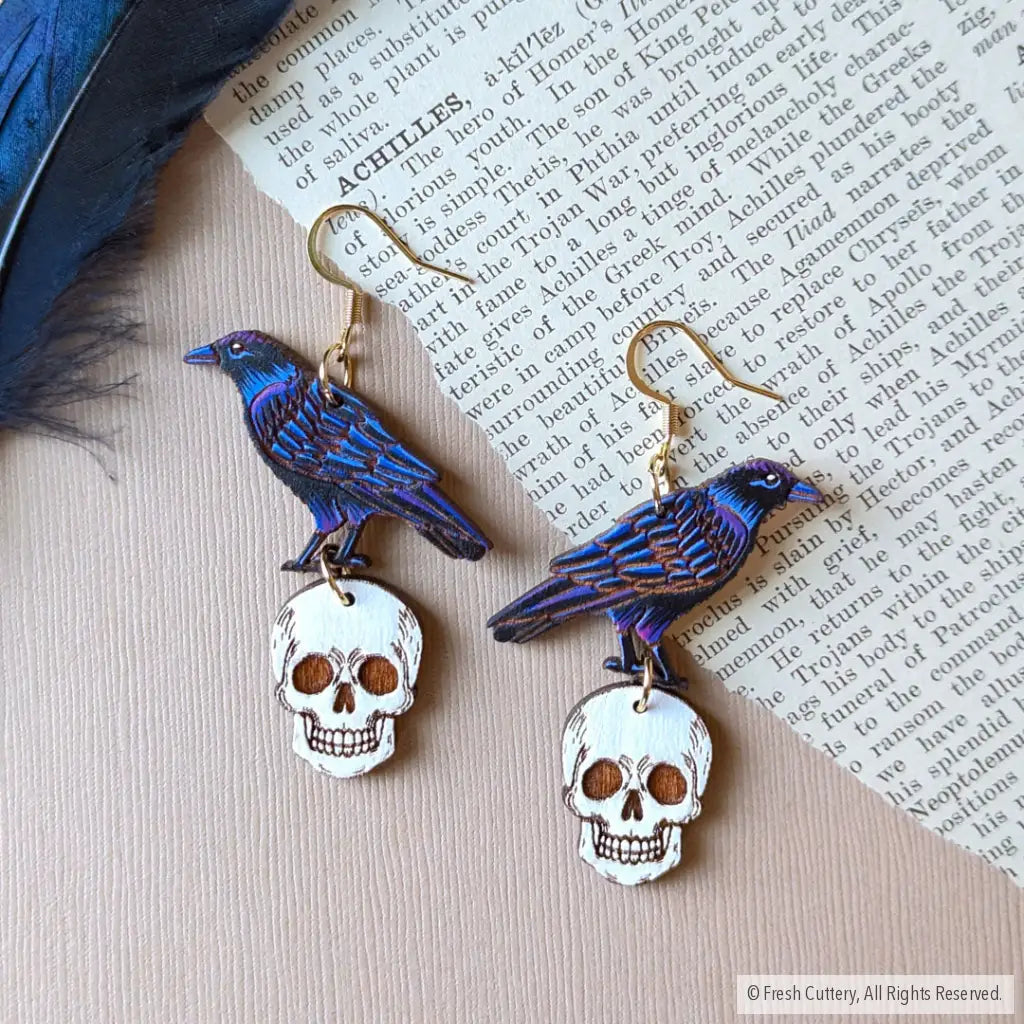 Raven Skull Earrings Gold Ear Wires Dangle And Drop