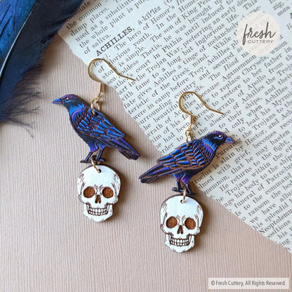 Raven Skull Earrings Gold Ear Wires Dangle And Drop