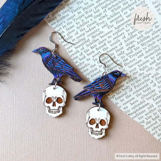 Raven Skull Earrings Silver Ear Wires Dangle And Drop