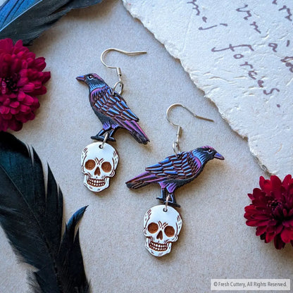 Raven Skull Earrings - Silver Ear Wires - Dangle and Drop Earrings