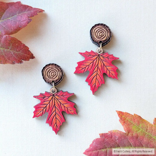 Red Maple Leaf Earrings Etched Wood Rounds Dangle and Drop Earrings