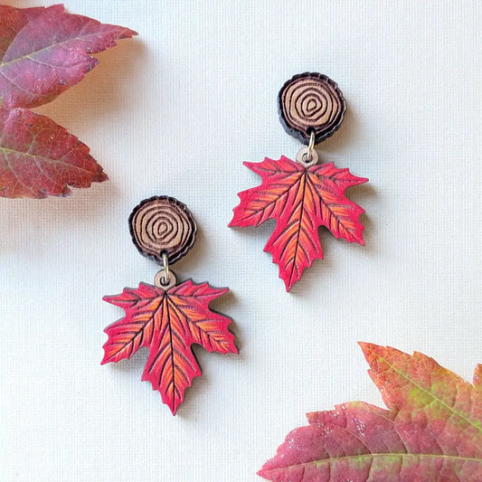 Red Maple Leaf Earrings Etched Wood Rounds Dangle and Drop Earrings