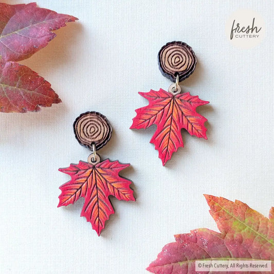 Red Maple Leaf Earrings Etched Wood Rounds Dangle and Drop Earrings