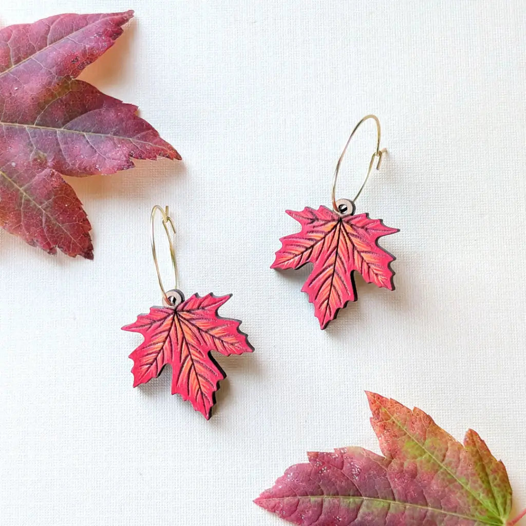 Red Maple Leaf Earrings Gold Hoops Dangle and Drop Earrings
