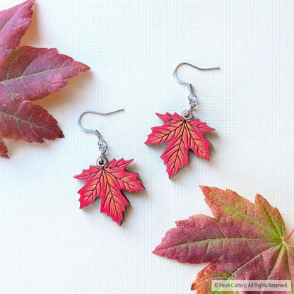 Red Maple Leaf Earrings Silver Ear Wires Dangle and Drop Earrings