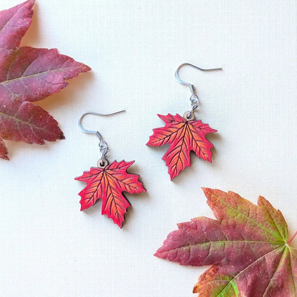 Red Maple Leaf Earrings Silver Ear Wires Dangle and Drop Earrings
