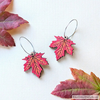 Red Maple Leaf Earrings Silver Hoops Dangle and Drop Earrings