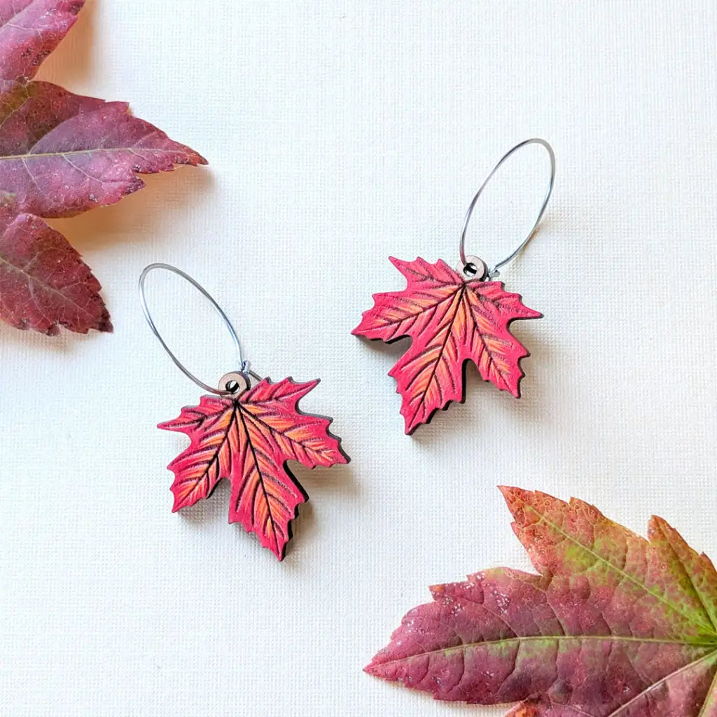 Red Maple Leaf Earrings Silver Hoops Dangle and Drop Earrings