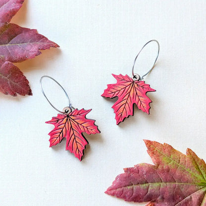 Red Maple Leaf Earrings Silver Hoops Dangle and Drop Earrings