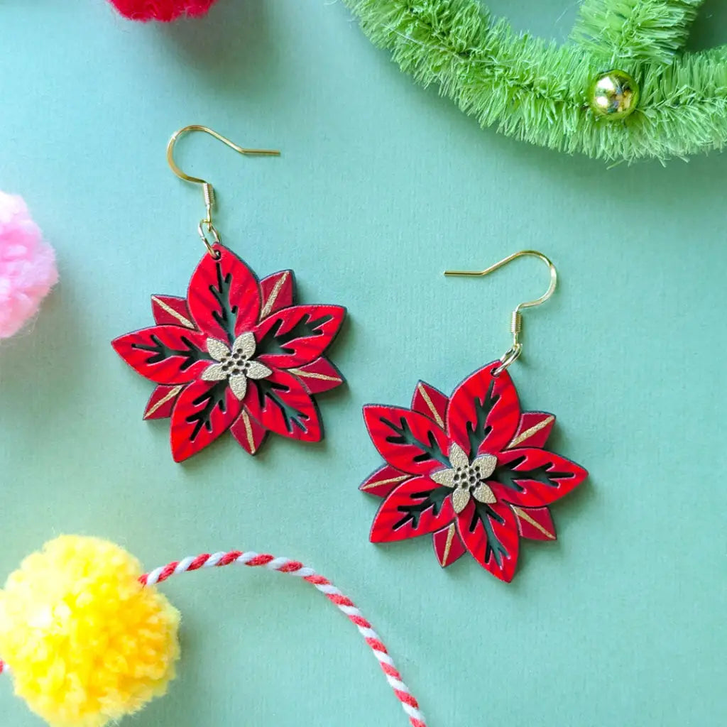 Poinsettia Earrings Gold Ear Wires Dangle And Drop