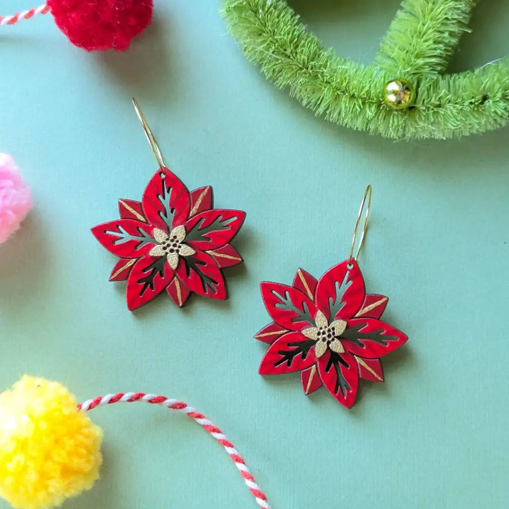 Poinsettia Earrings Gold Hoops Dangle And Drop