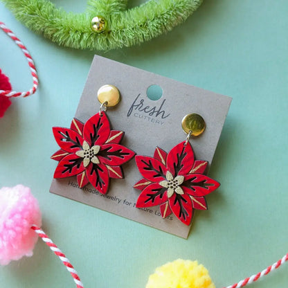 Poinsettia Earrings Gold Round Posts Dangle And Drop