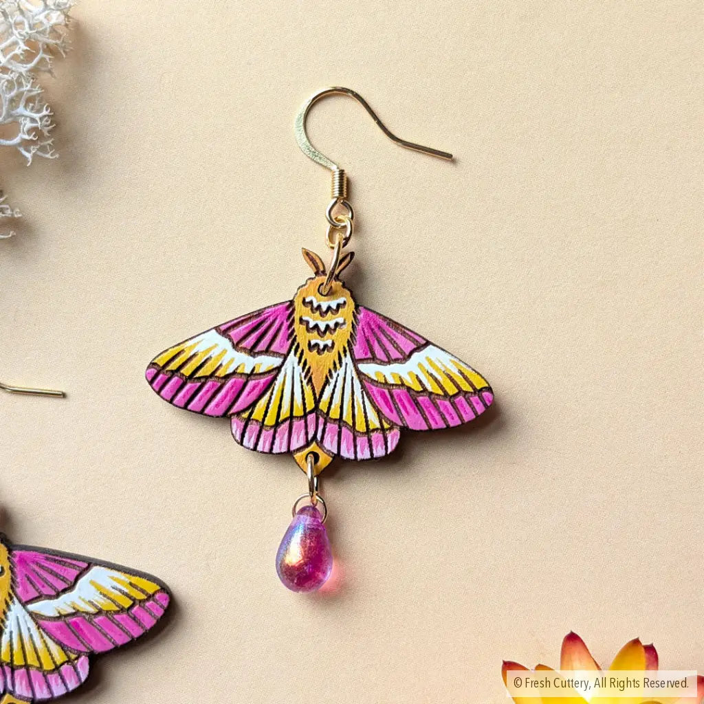 Rosy Maple Moth Earrings - Celestial Pink / Gold Ear Wres - Dangle and Drop Earrings