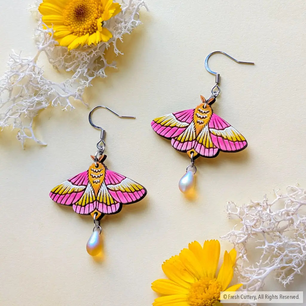 Rosy Maple Moth Earrings Silver Ear Wires with Bead Dangle and Drop Earrings
