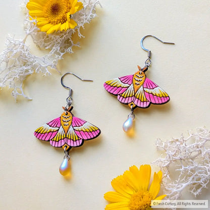Rosy Maple Moth Earrings Silver Ear Wires with Bead Dangle and Drop Earrings