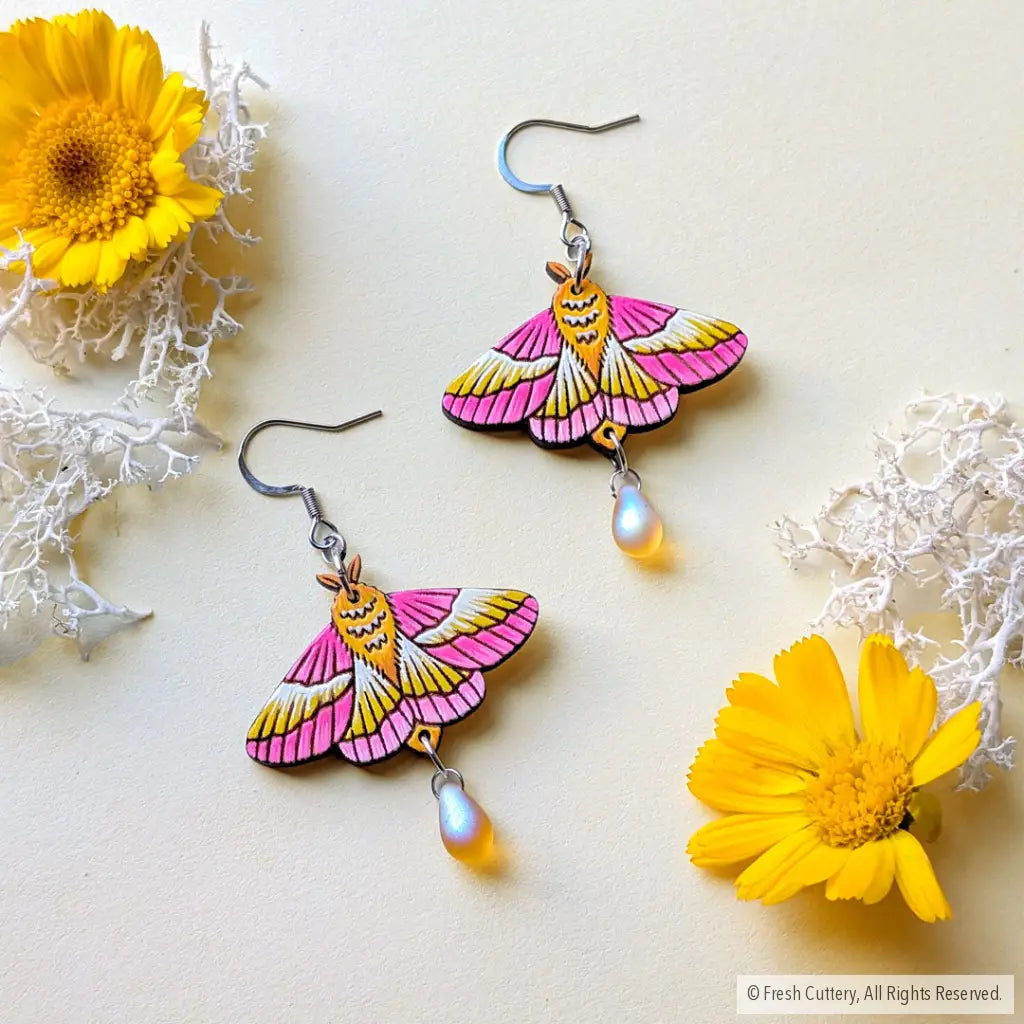 Rosy Maple Moth Earrings Dangle and Drop Earrings