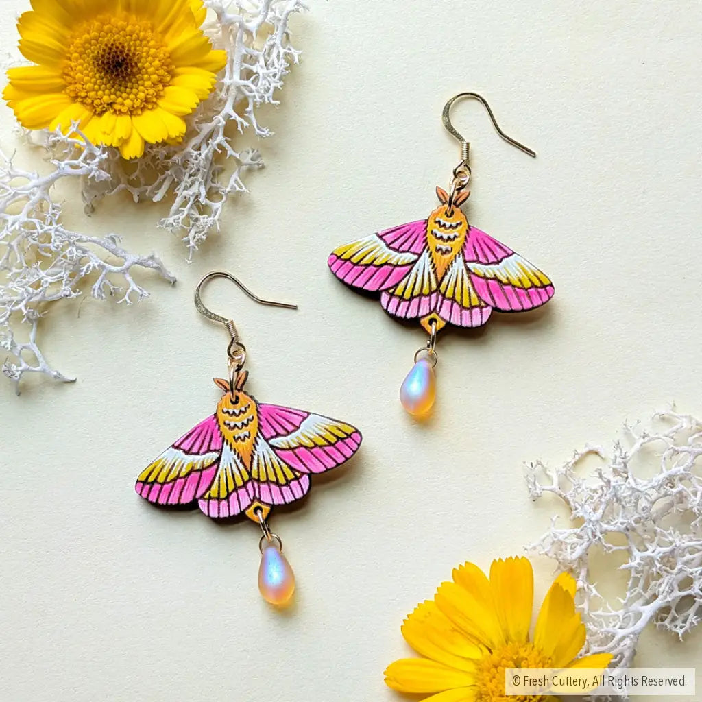 Rosy Maple Moth Earrings Gold Ear Wires with Bead Dangle and Drop Earrings