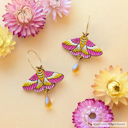 Rosy Maple Moth Earrings - Gold Hoops / Frosted Amber - Dangle and Drop Earrings