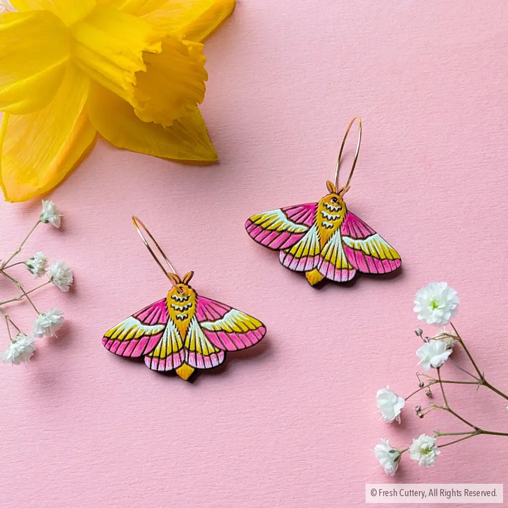 Rosy Maple Moth Earrings Gold Hoops without Bead Dangle and Drop Earrings