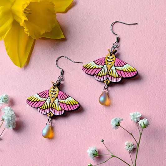 Rosy Maple Moth Earrings Silver Ear Wires with Bead Dangle and Drop Earrings