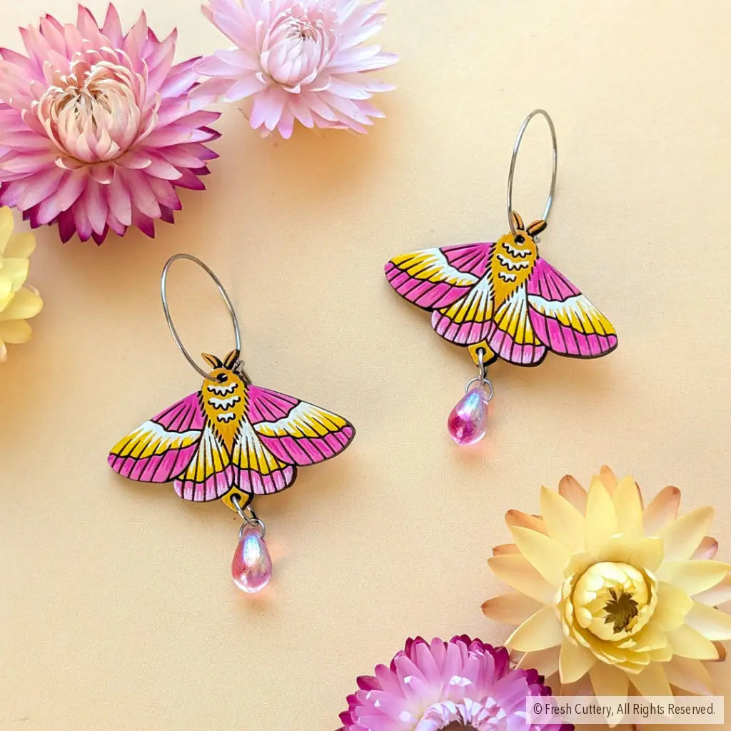 Rosy Maple Moth Earrings - Silver Hoops / Frosted Amber - Dangle and Drop Earrings