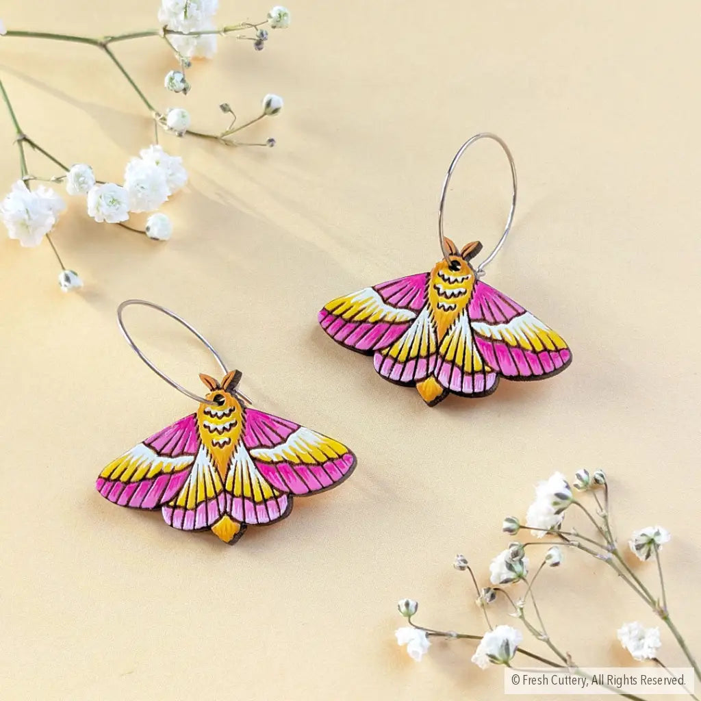 Rosy Maple Moth Earrings Silver Hoops without Bead Dangle and Drop Earrings