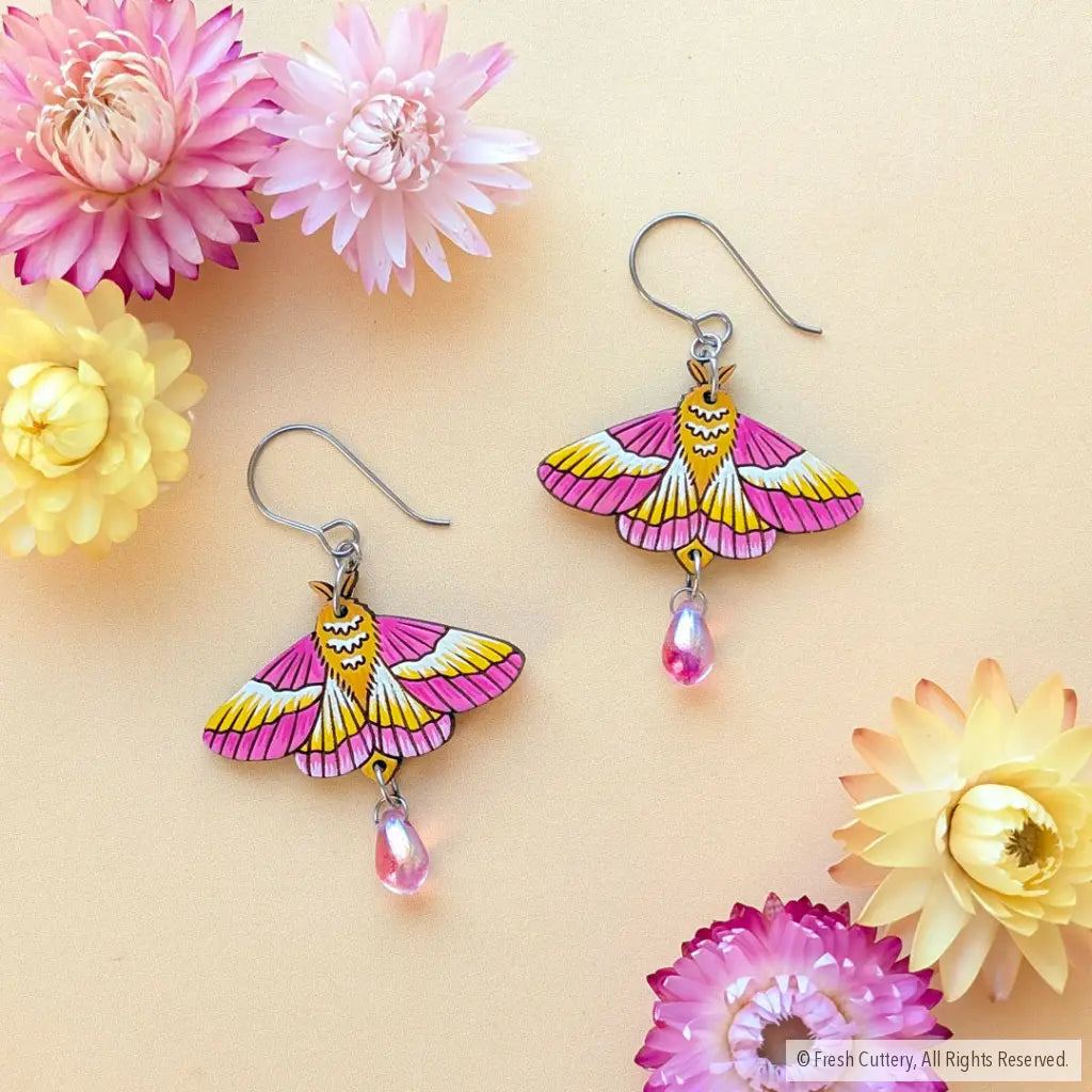 Rosy Maple Moth Earrings - Titanium Ear Wires / Frosted Amber - Dangle and Drop Earrings
