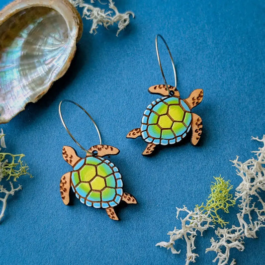 Sea Turtle Earrings Silver Hoops Dangle and Drop Earrings