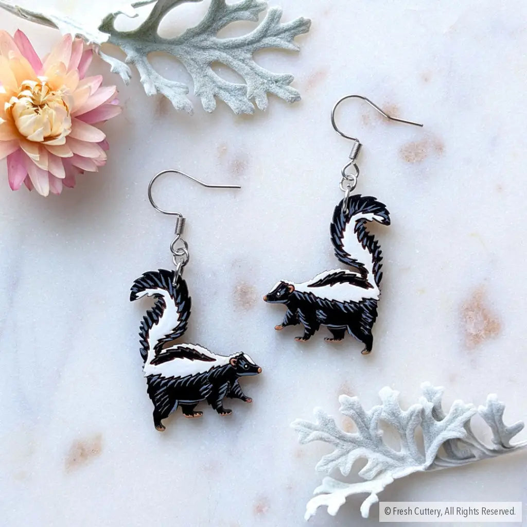 Skunk Earrings - Silver Ear Wires - Dangle and Drop Earrings