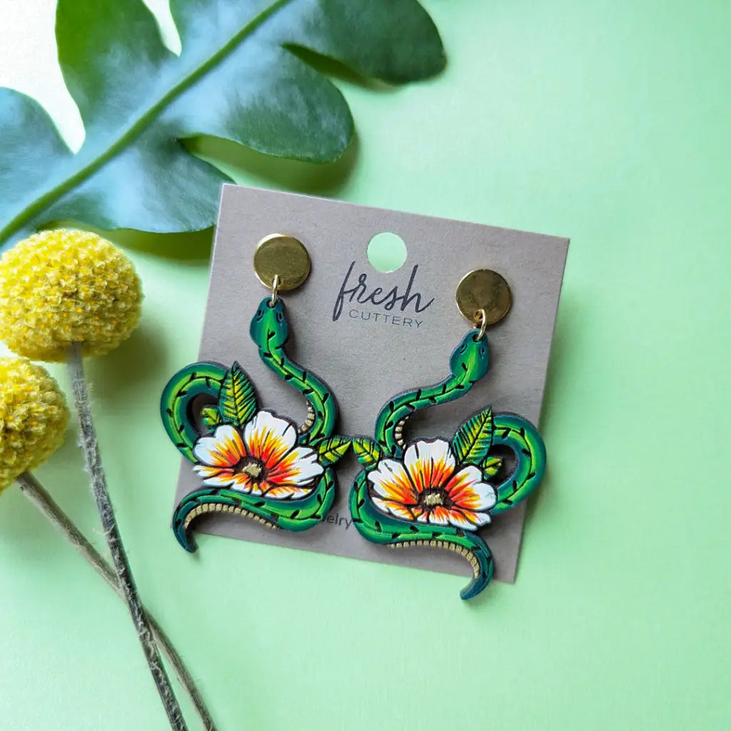 Snake Tattoo Statement Earrings Orange / Gold Round Posts Dangle And Drop