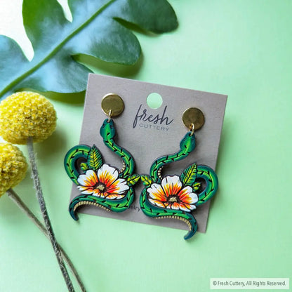 Snake Tattoo Statement Earrings Orange / Gold Round Posts Dangle And Drop