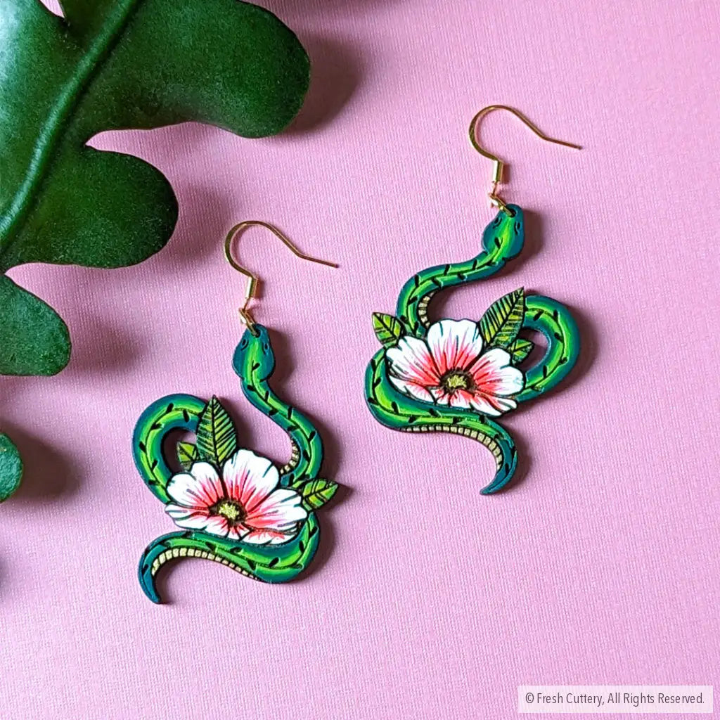 Snake Tattoo Statement Earrings Pink / Gold Ear Wires Dangle And Drop