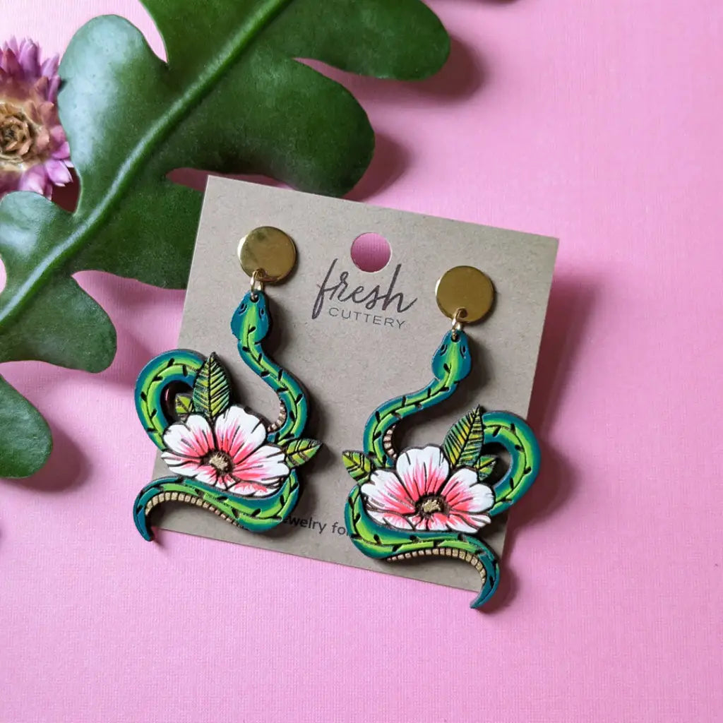 Snake Tattoo Statement Earrings Pink / Gold Round Posts Dangle And Drop