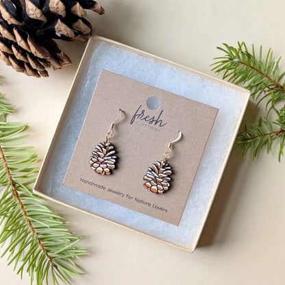 Snowy Pine Cone Earrings Dangle and Drop Earrings
