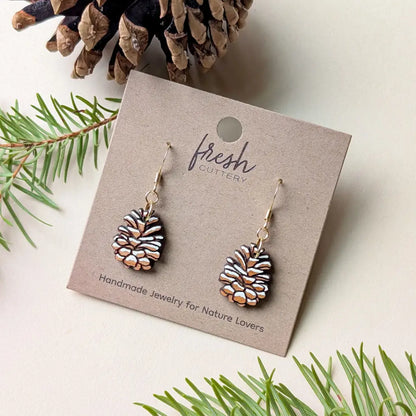 Snowy Pine Cone Earrings Gold Ear Wires Dangle and Drop Earrings