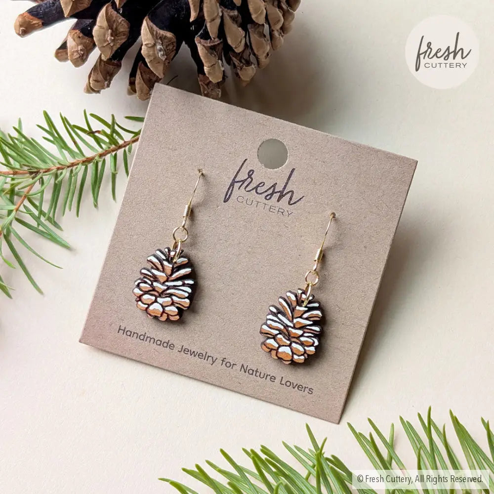 Snowy Pine Cone Earrings Gold Ear Wires Dangle and Drop Earrings