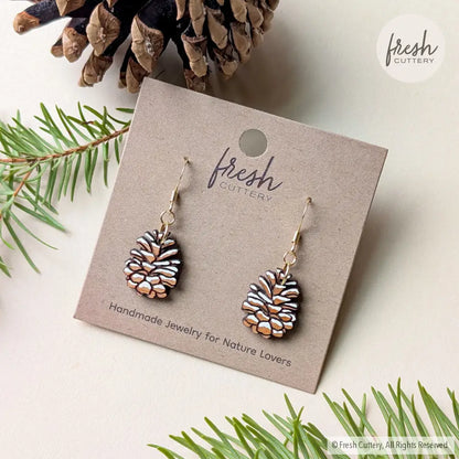 Snowy Pine Cone Earrings Gold Ear Wires Dangle and Drop Earrings