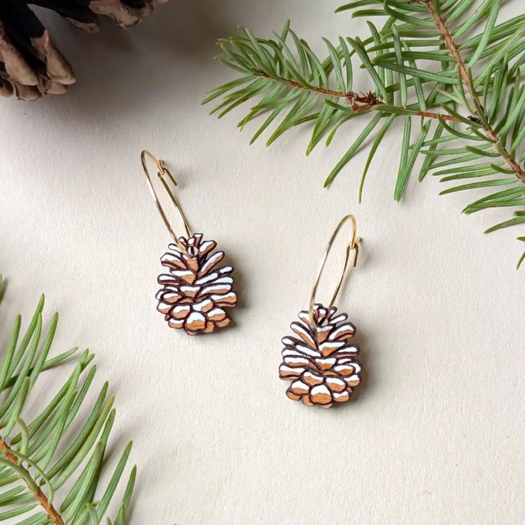 Snowy Pine Cone Earrings Gold Hoops Dangle and Drop Earrings