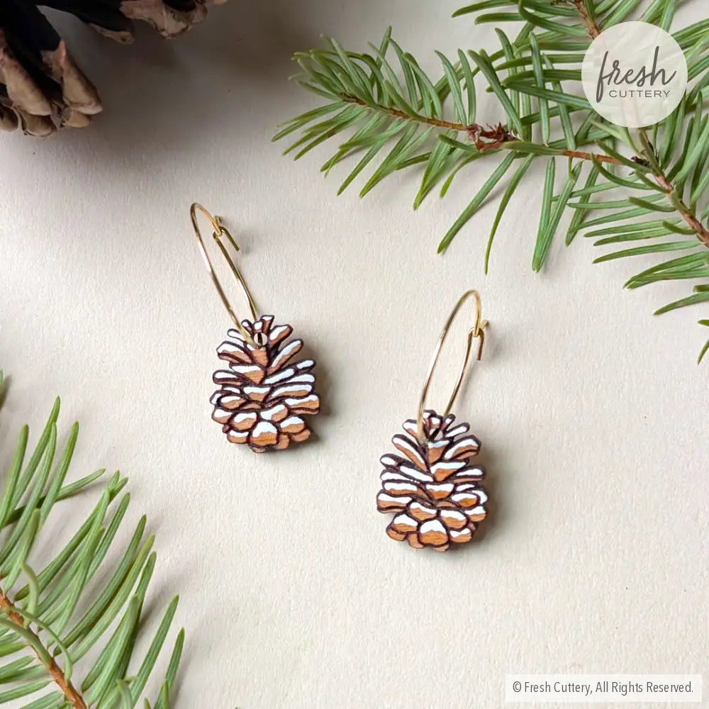 Snowy Pine Cone Earrings Gold Hoops Dangle and Drop Earrings
