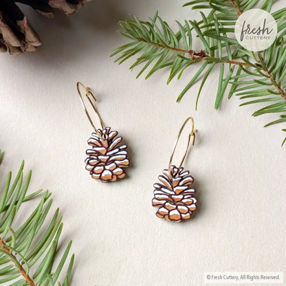 Snowy Pine Cone Earrings Gold Hoops Dangle and Drop Earrings