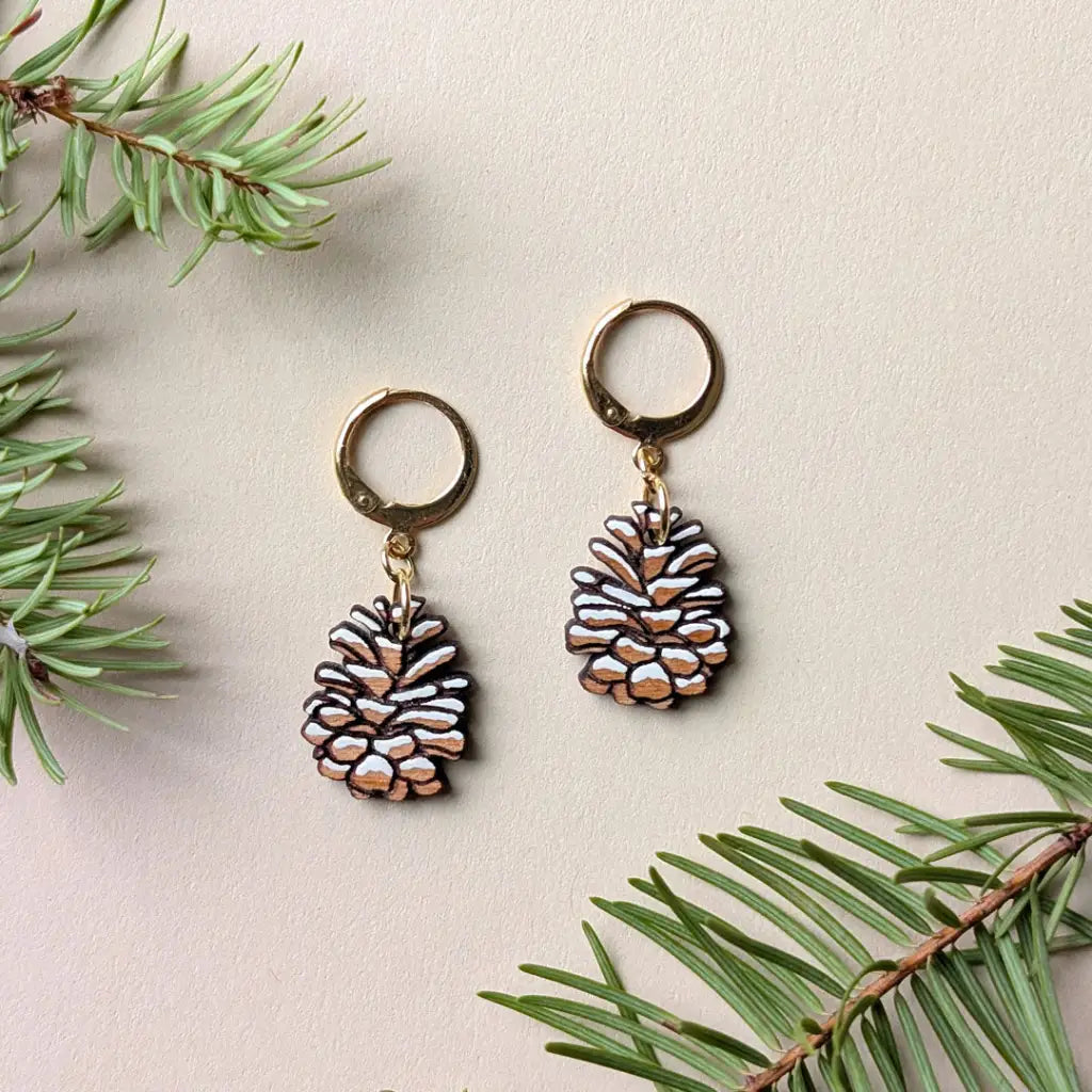 Snowy Pine Cone Earrings Gold Leverbacks Dangle and Drop Earrings