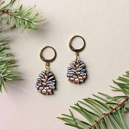 Snowy Pine Cone Earrings Gold Leverbacks Dangle and Drop Earrings
